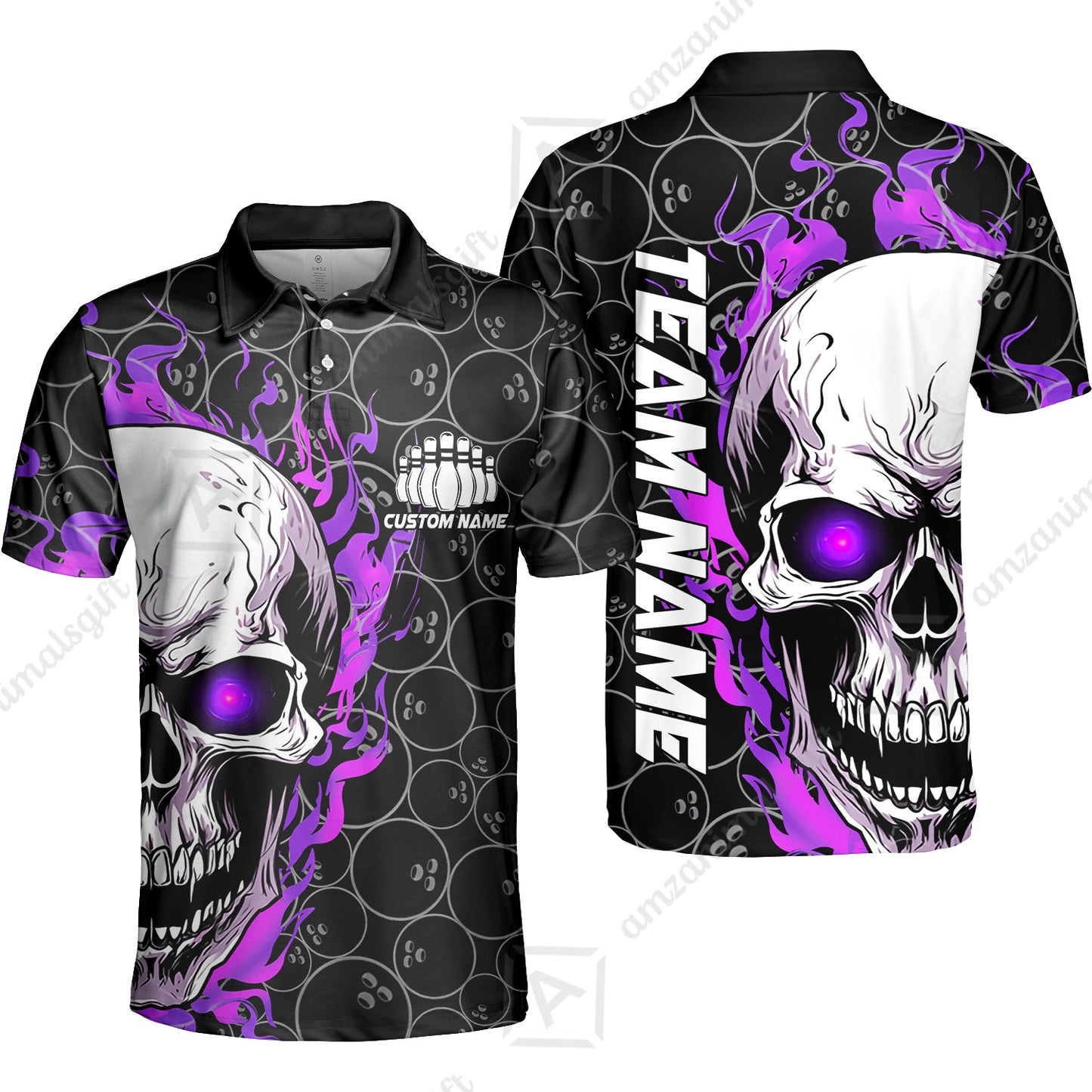 Personalized Bowling Unisex Polo Shirt, Green Flaming Skull Shirt For For Team Men Women Bowlers