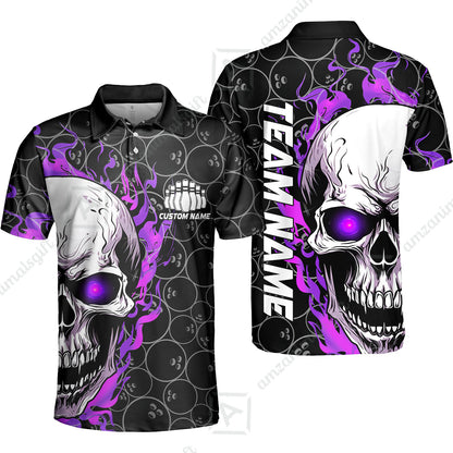 Personalized Bowling Unisex Polo Shirt, Green Flaming Skull Shirt For For Team Men Women Bowlers