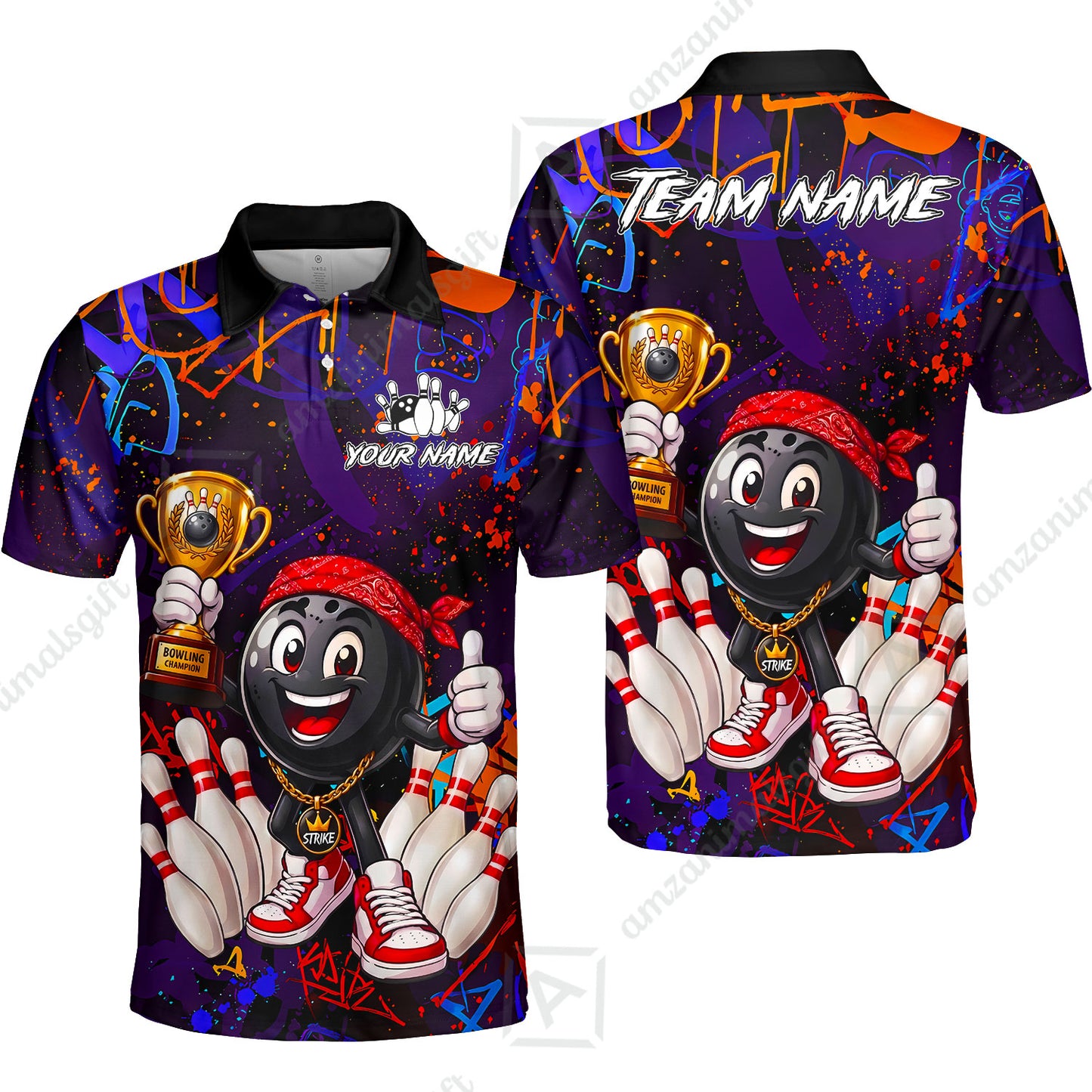 Custom Bowling Jersey Polo Shirt, Graffiti Champion, Custom Bowling Jersey Team Shirt For Players With Name & Team Name