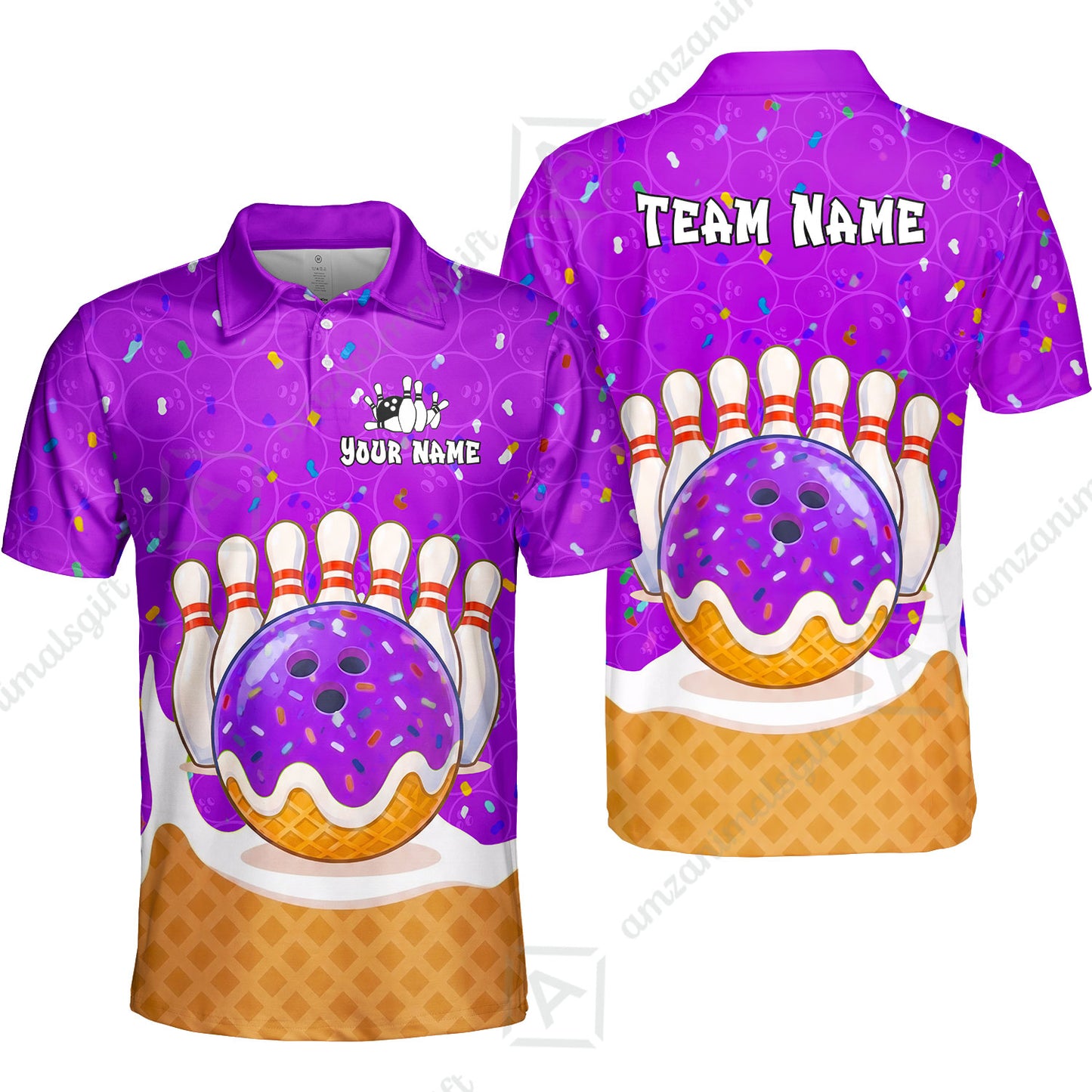 Custom Bowling Jersey Polo Shirt, Bowling Sprinkles Ice Cream Cone, Personalized Name & Team Name