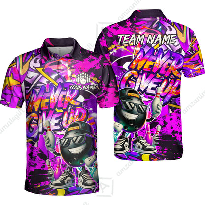 Customized Bowling Unisex Polo Shirt, Graffiti Bowling Funny Never Give Up Bowling Uniform, Personalized Name And Team Name