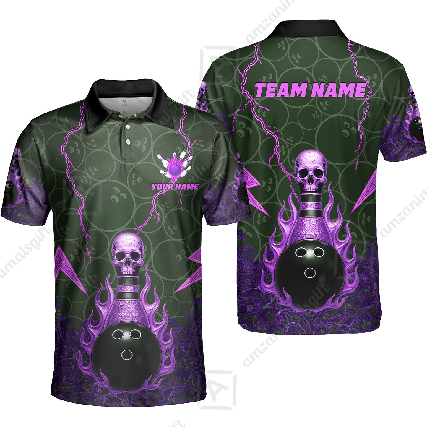 Custom Bowling Team Unisex Polo Shirt, Thunder Skull Strike Personalized Team Shirt, Custom Name and Team Name for Bowlers