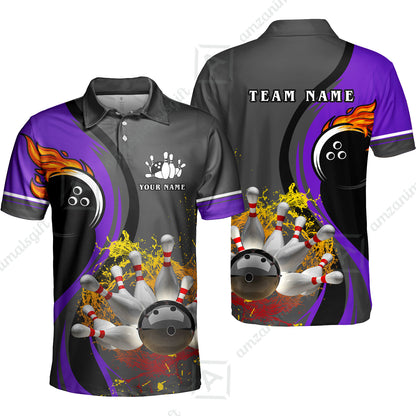 Customized Bowling Unisex Polo Shirt, Bowling And Pins Water Flow Multicolor Option Customized Name And Team Name For Bowling Team Polo Jerseys Shirts