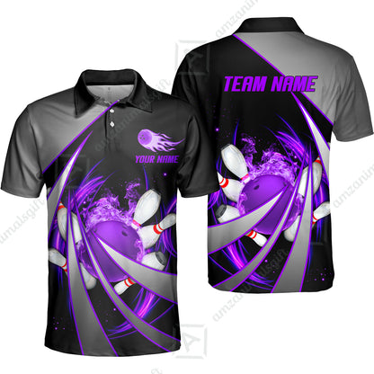 Customized Bowling Unisex Polo, Flame Bowling And Pins Tornado Pattern Multicolor Option Customized Name Zipper Polo Jerseys Shirts