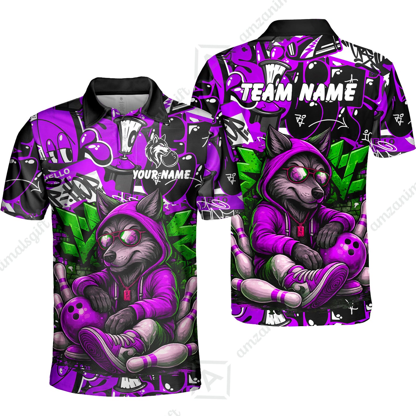 Custom Bowling Jersey Polo Shirt, Badass Wolf Mascot Bowling, Custom Bowling Jersey Team Shirt For Players With Name & Team Name