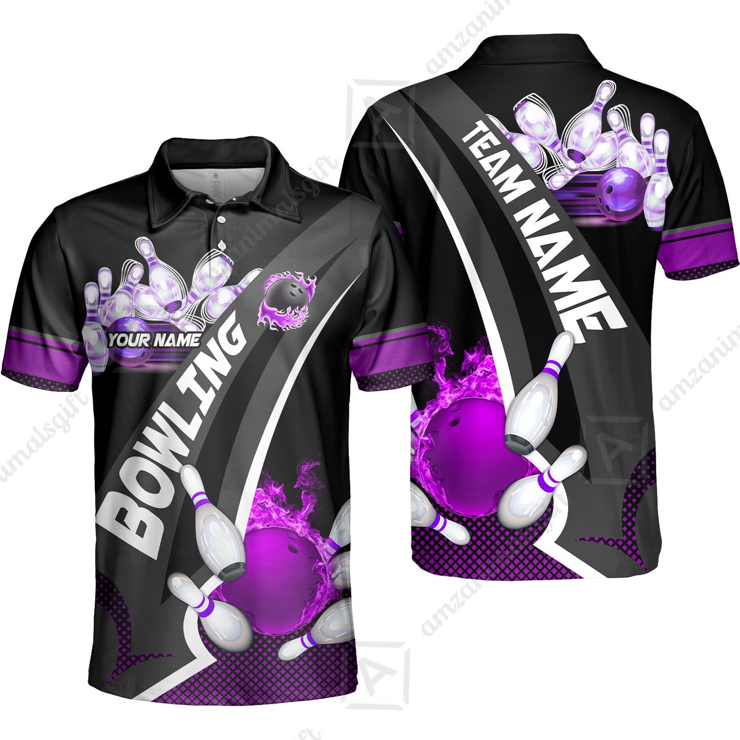 Customized Bowling Polo, Bowling And Pins Plame Premium Multicolor Option Personalized Name And Team Zipper Polo Jerseys Shirts
