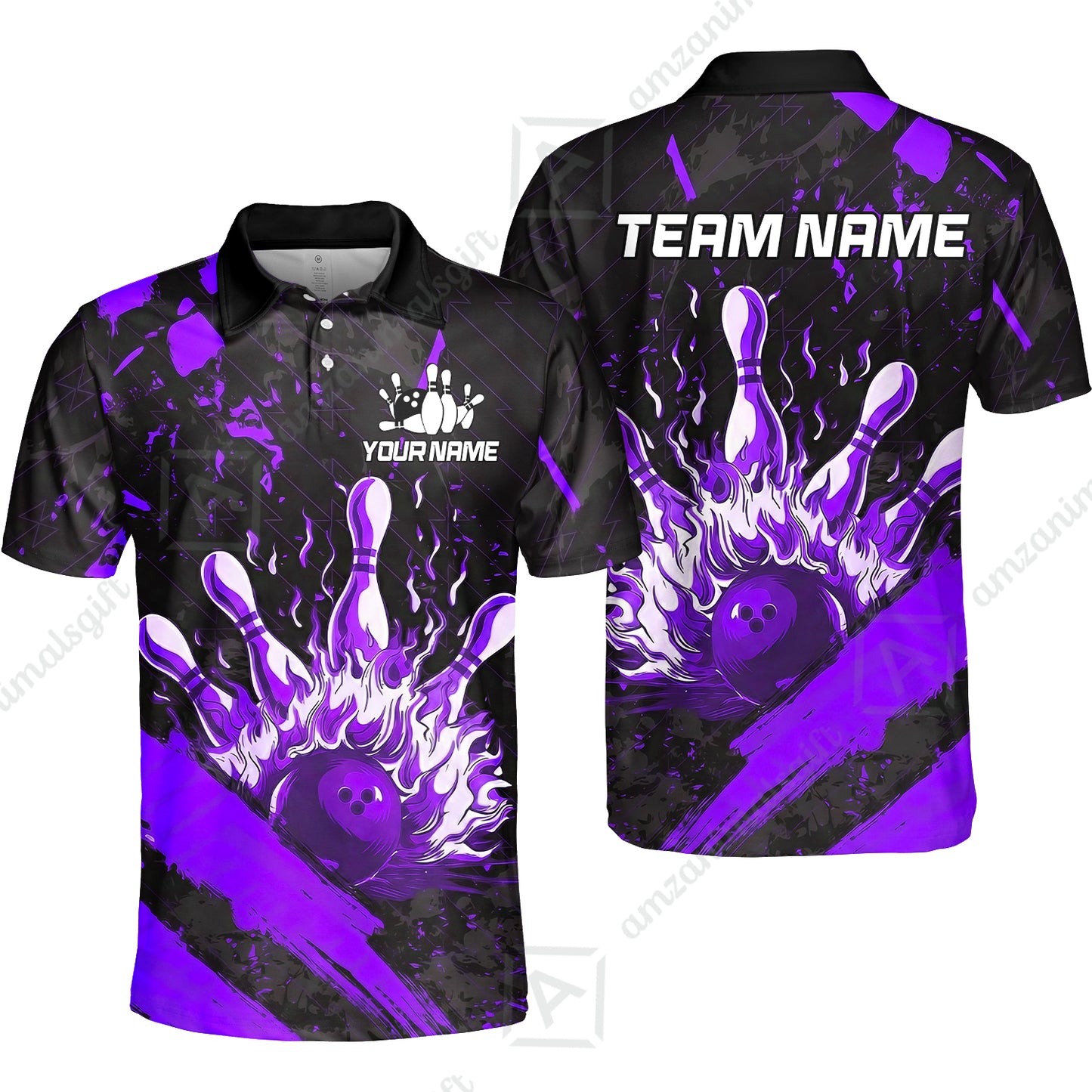 Customized Bowling Unisex Polo Shirt, Bowling And Pins Grunge Flame, Bowling Uniform - Personalized Name And Team Name