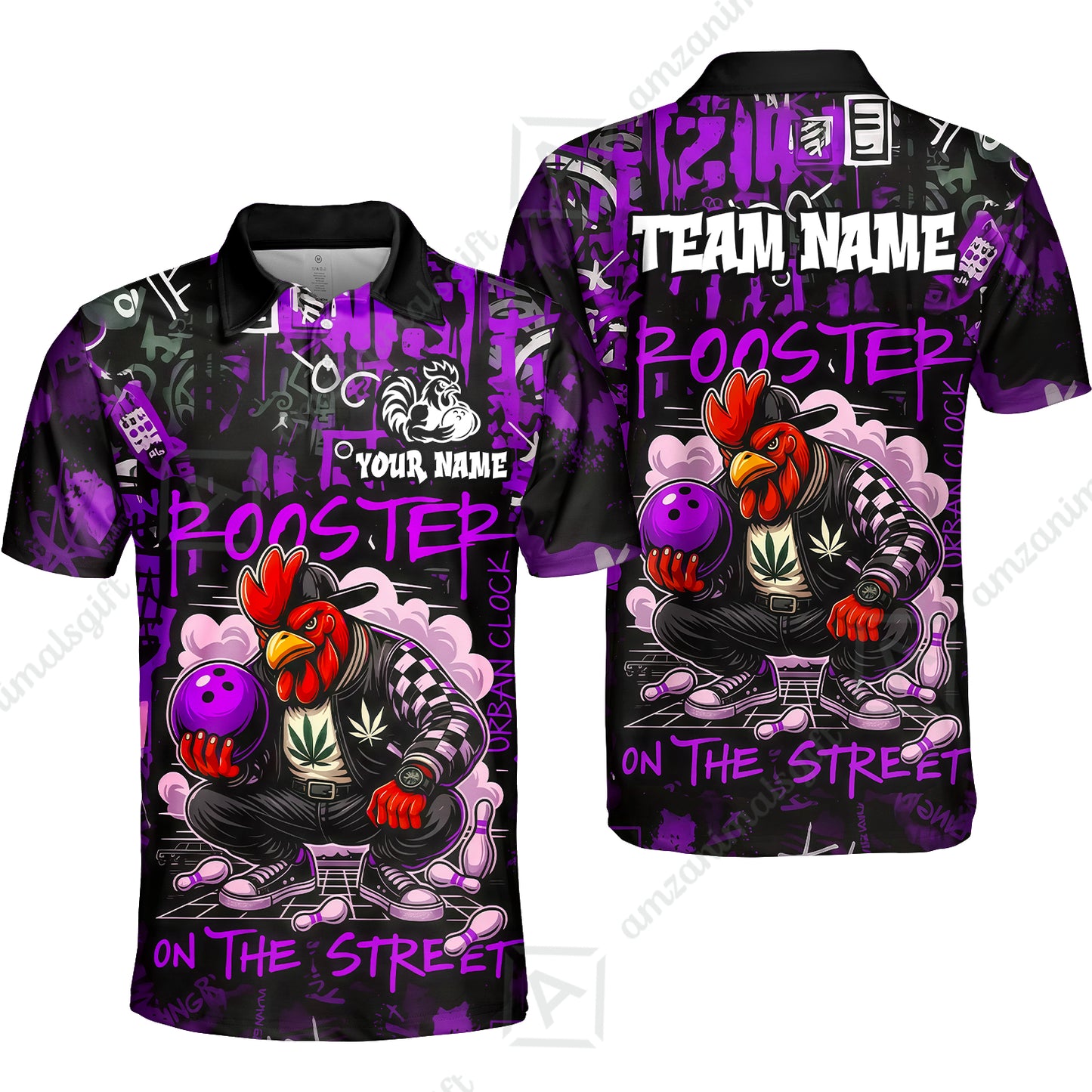 Customized Bowling Unisex Polo Shirt, Urban Streetwear Chicken Bowling Rooster On The Street, Personalized Name Team Name