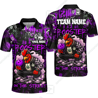 Customized Bowling Unisex Polo Shirt, Urban Streetwear Chicken Bowling Rooster On The Street, Personalized Name Team Name