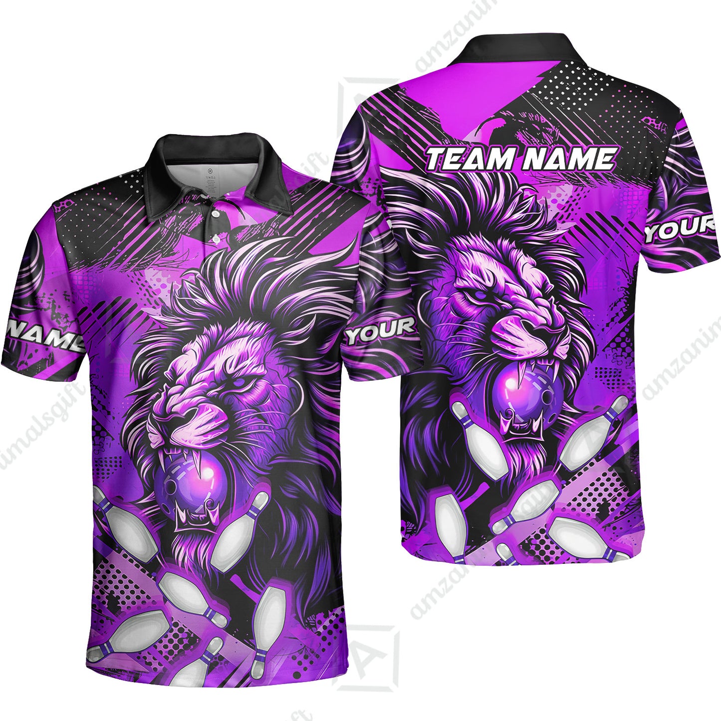 Custom Bowling Team Jerseys Shirts, Bowling uniforms Ball & Pins Lion Pattern Personalized Name And Team Name