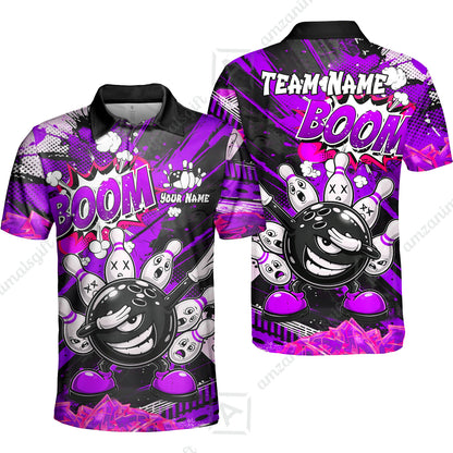Customized Bowling Unisex Polo Shirt, Boom Bowling Angry Ball Screaming Pins, Personalized Name And Team Name For Bowlers