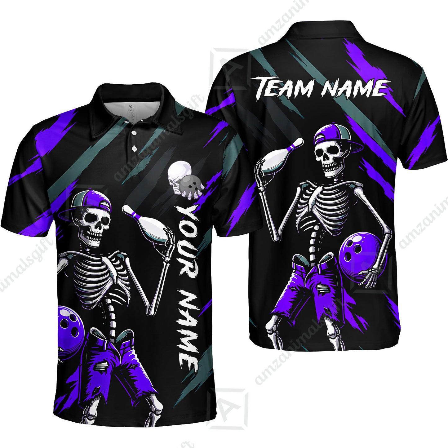 Customized Bowling Shirt, Bad Boy Skeleton Bowler, Personalized Polo Shirt For Players With Name & Team Name