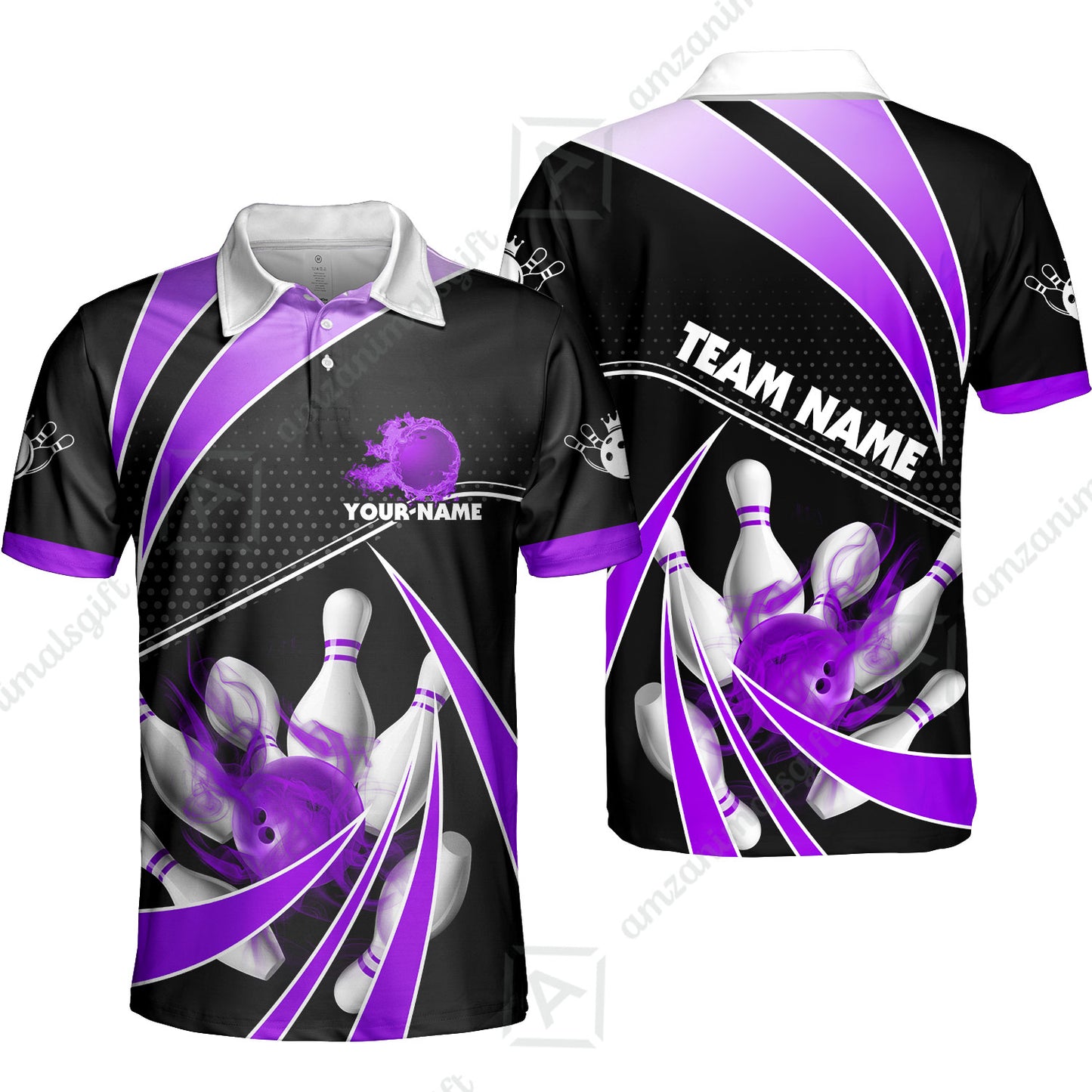 Customized Bowling Team Polo Shirt, Bowling Ball & Pins Fire Light Sport Unisex Polo Shirt Multicolor Option For Bowlers