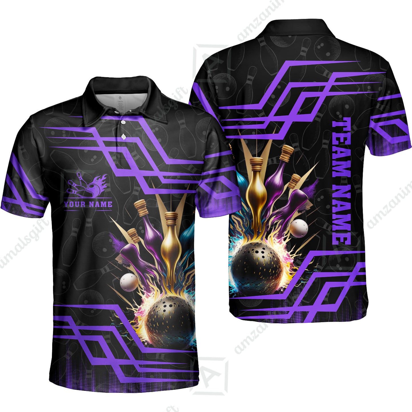 Customized Bowling Unisex Polo, Bowling And Pins Royal Multicolor Option Customized Name And Team Name For Bowling Team