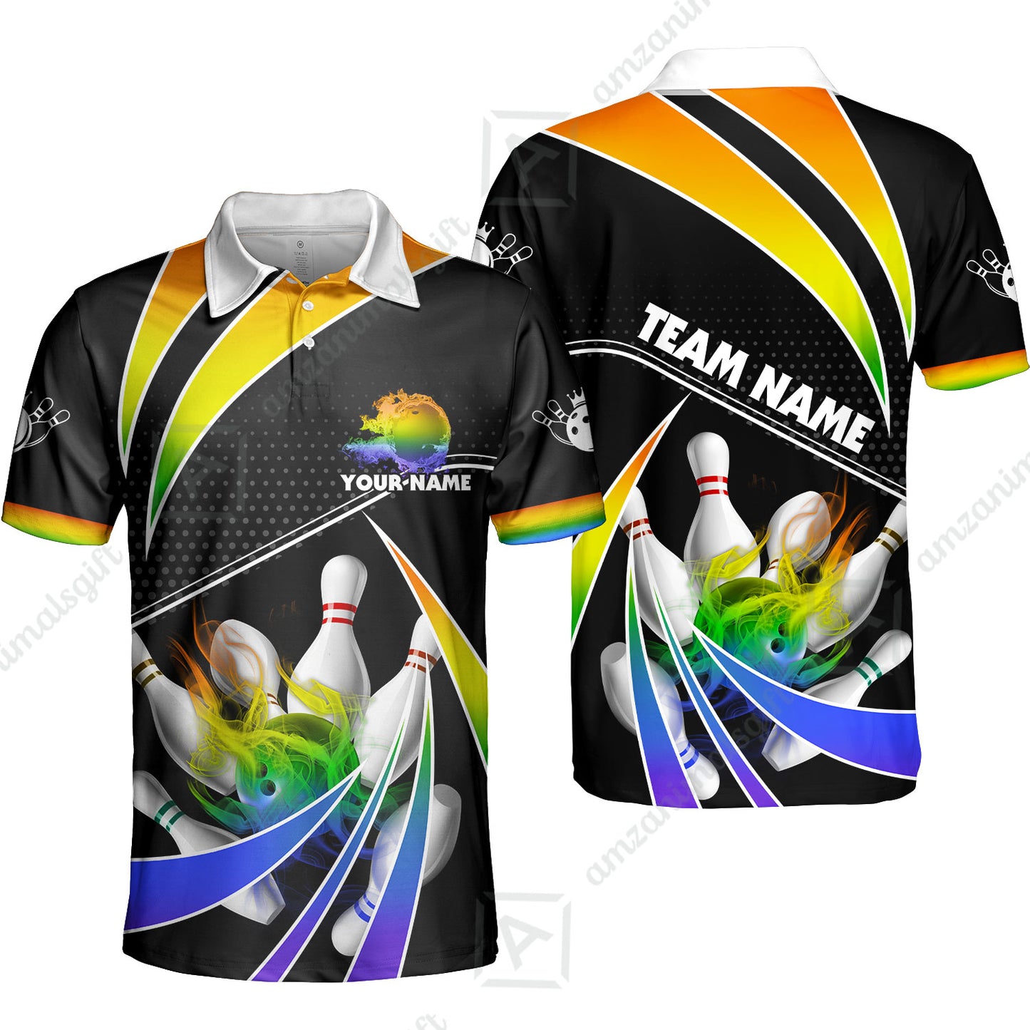 Customized Bowling Team Polo Shirt, Bowling Ball & Pins Fire Light Sport Unisex Polo Shirt Multicolor Option For Bowlers