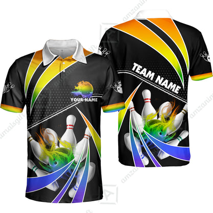 Customized Bowling Team Polo Shirt, Bowling Ball & Pins Fire Light Sport Unisex Polo Shirt Multicolor Option For Bowlers