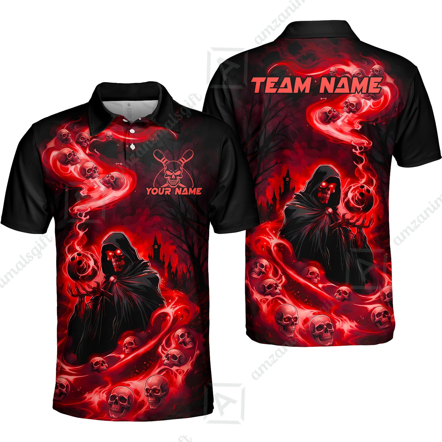 Custom Bowling Jersey Polo Shirt, Fiery Pool Shark, Custom Bowling Jersey Team Shirt For Players With Name & Team Name