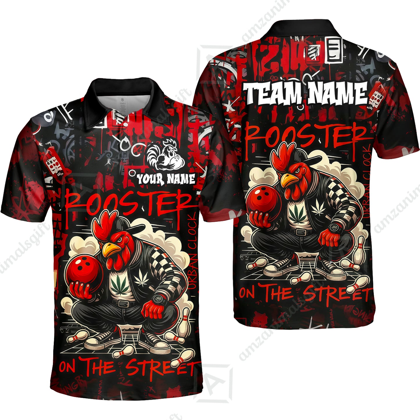 Customized Bowling Unisex Polo Shirt, Urban Streetwear Chicken Bowling Rooster On The Street, Personalized Name Team Name