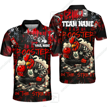 Customized Bowling Unisex Polo Shirt, Urban Streetwear Chicken Bowling Rooster On The Street, Personalized Name Team Name