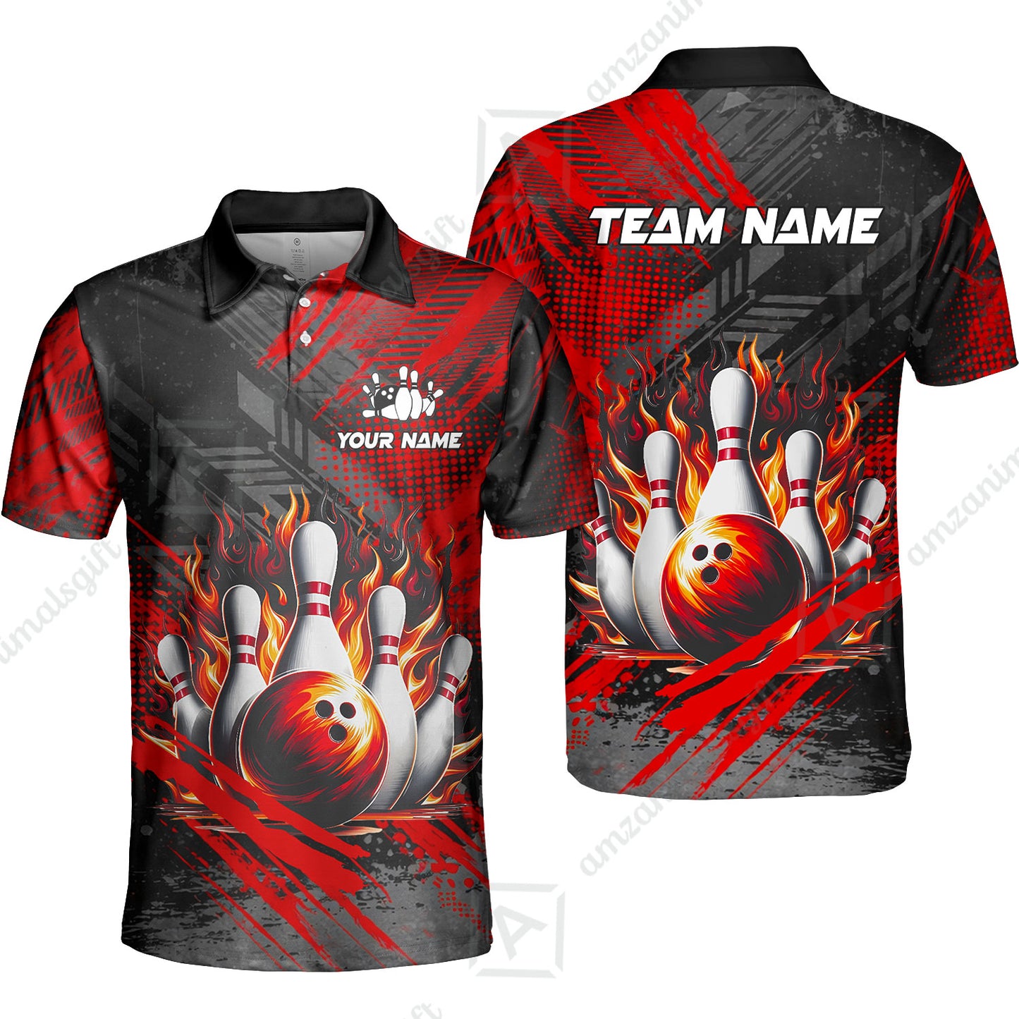 Custom Bowling Team Quarter-Zip Polo Shirt, Personalized Flame Bowling Jersey with Name & Team Name for Men & Women