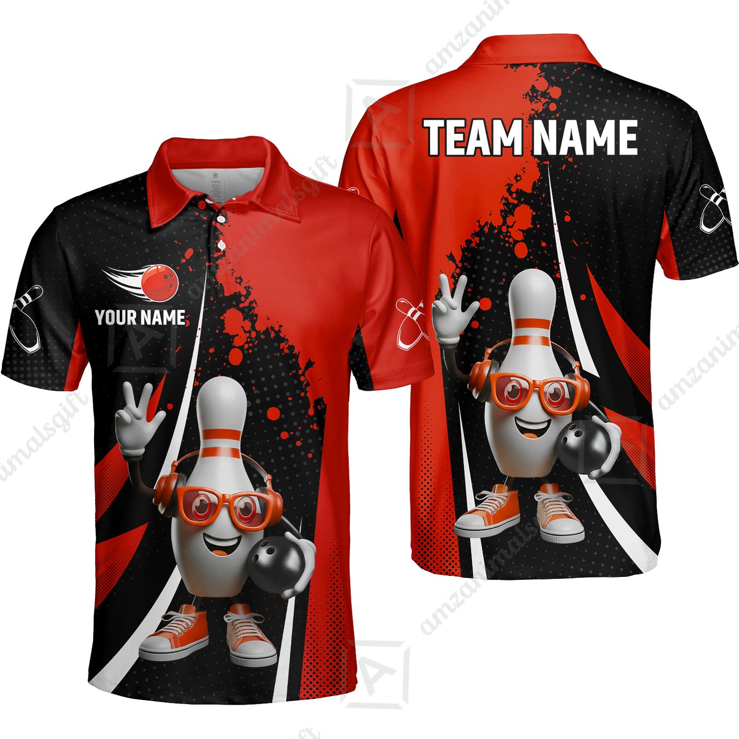 Customized Bowling Unisex Polo Shirt, Halftone Bowling Pin Wearing Headphones Sunglasses, Personalized Name And Team Name