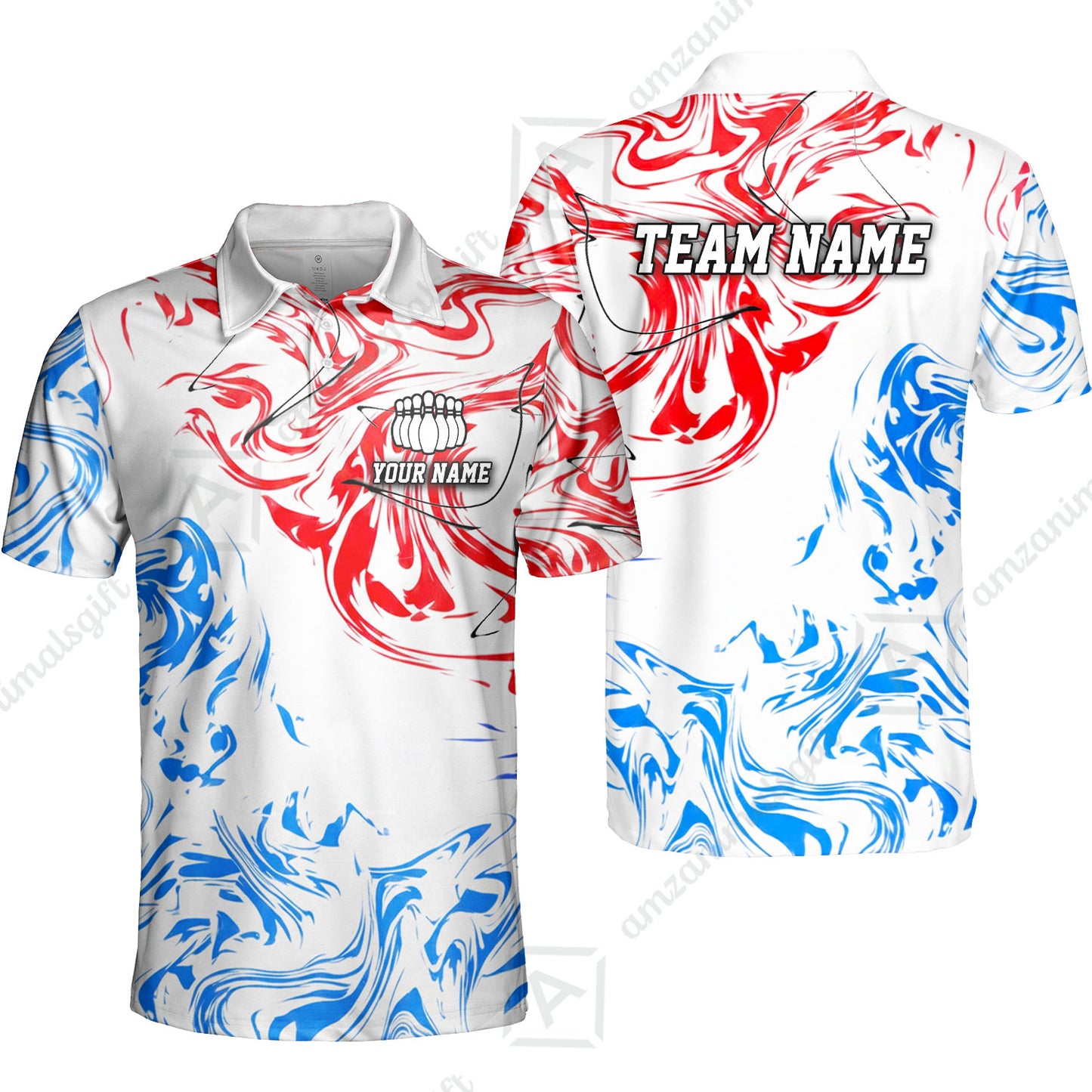 Customized Bowling Unisex Polo Shirt, Velocity Wave Marble Swirl Pattern Bowling, Personalized Name Team Name For Bowlers