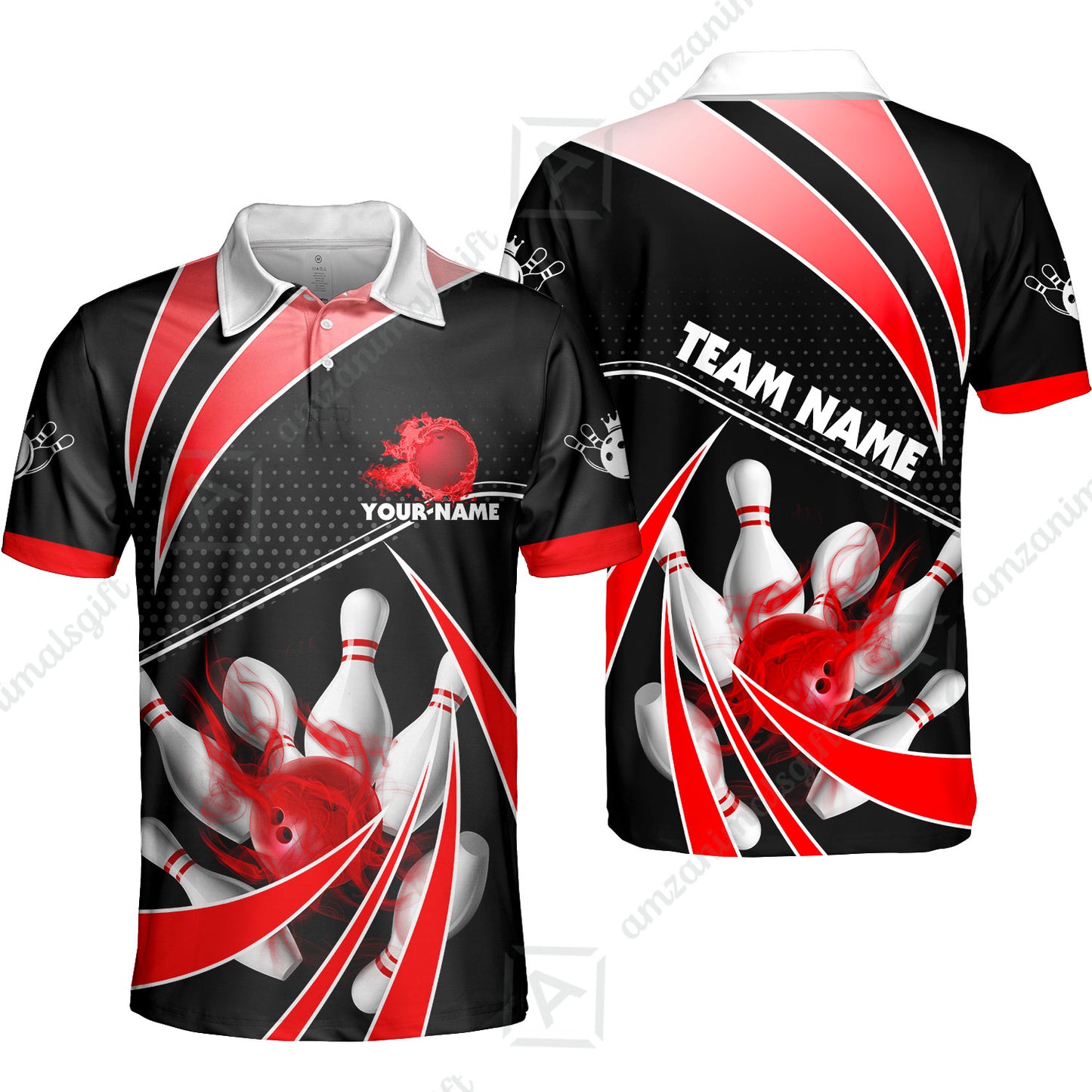 Customized Bowling Team Polo Shirt, Bowling Ball & Pins Fire Light Sport Unisex Polo Shirt Multicolor Option For Bowlers
