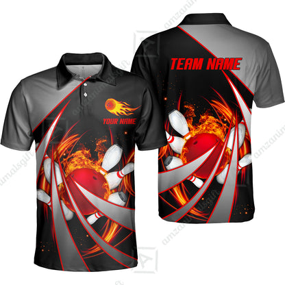 Customized Bowling Unisex Polo, Flame Bowling And Pins Tornado Pattern Multicolor Option Customized Name Zipper Polo Jerseys Shirts