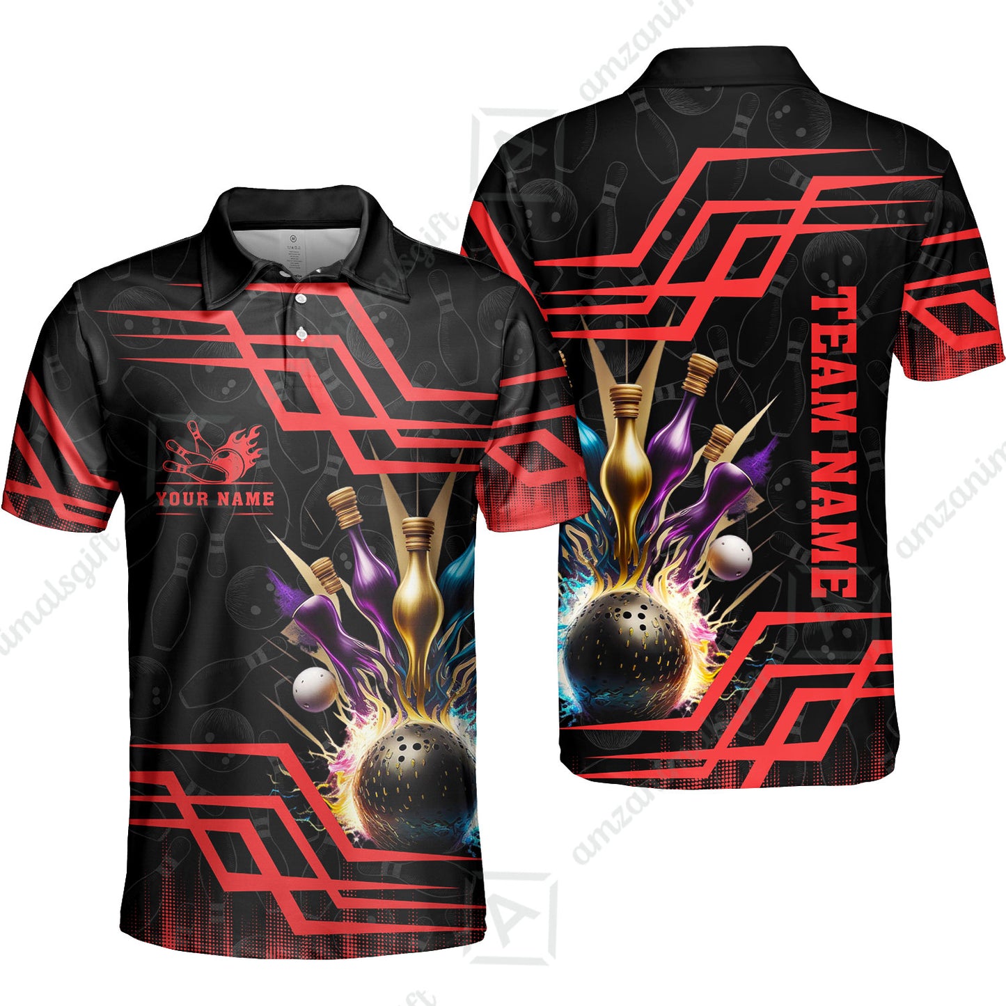 Customized Bowling Unisex Polo, Bowling And Pins Royal Multicolor Option Customized Name And Team Name For Bowling Team