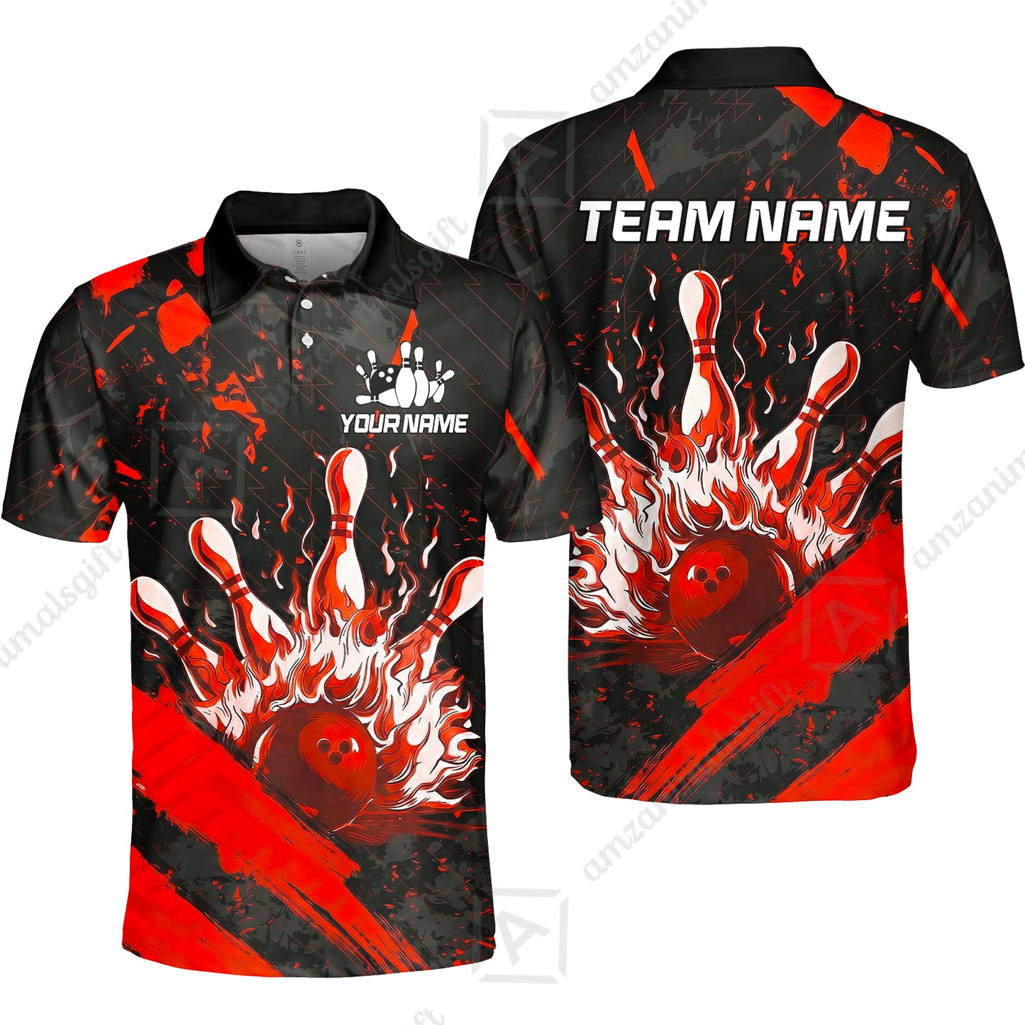 Customized Bowling Unisex Polo Shirt, Bowling And Pins Grunge Flame, Bowling Uniform - Personalized Name And Team Name