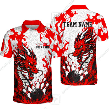 Custom Bowling Jersey Polo Shirt, Fierce Crimson Fire Dragon Strike, Custom Bowling Jersey Team Shirt For Players With Name and Team Name