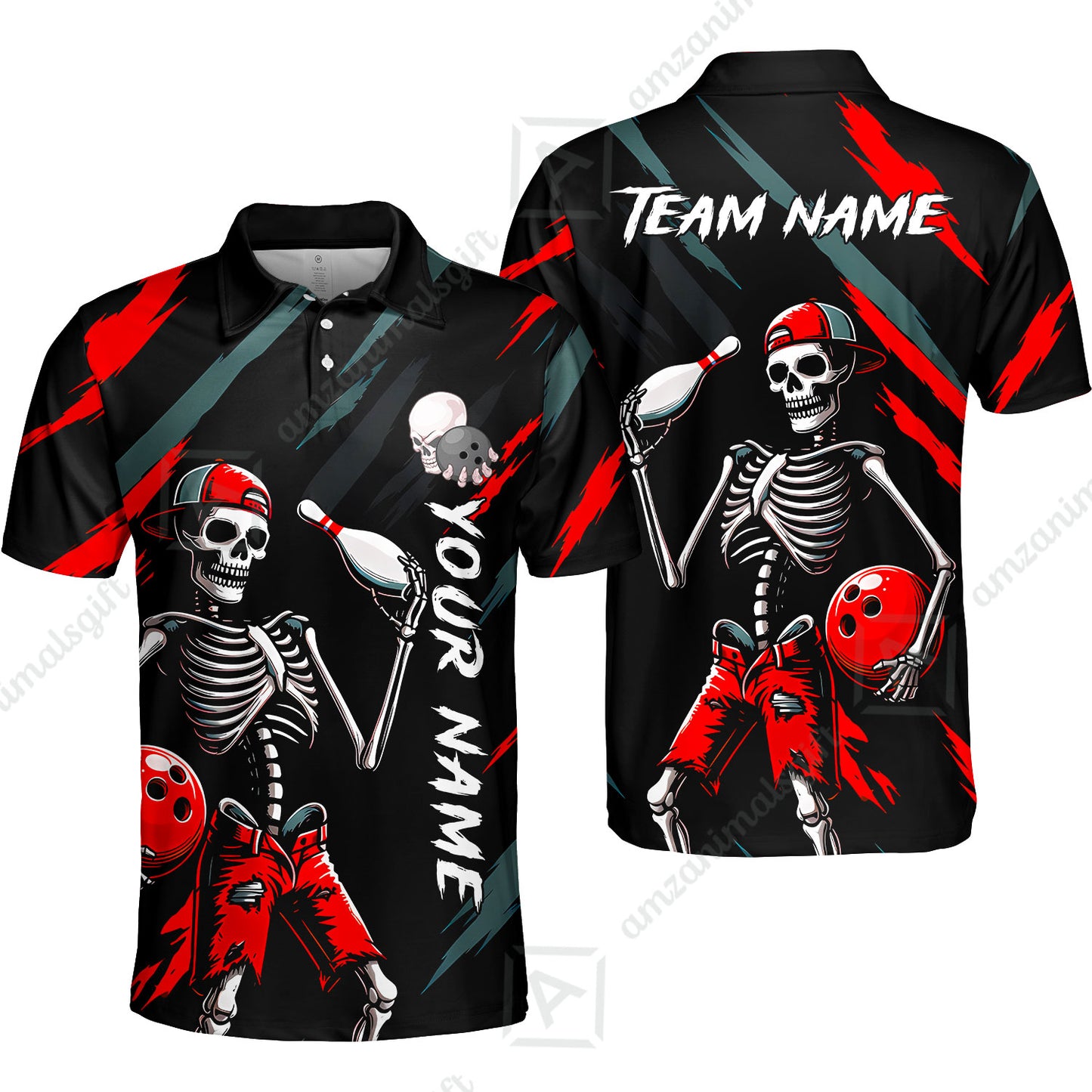 Customized Bowling Shirt, Bad Boy Skeleton Bowler, Personalized Polo Shirt For Players With Name & Team Name