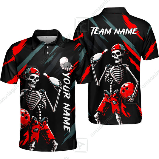 Customized Bowling Shirt, Bad Boy Skeleton Bowler, Personalized Polo Shirt For Players With Name & Team Name