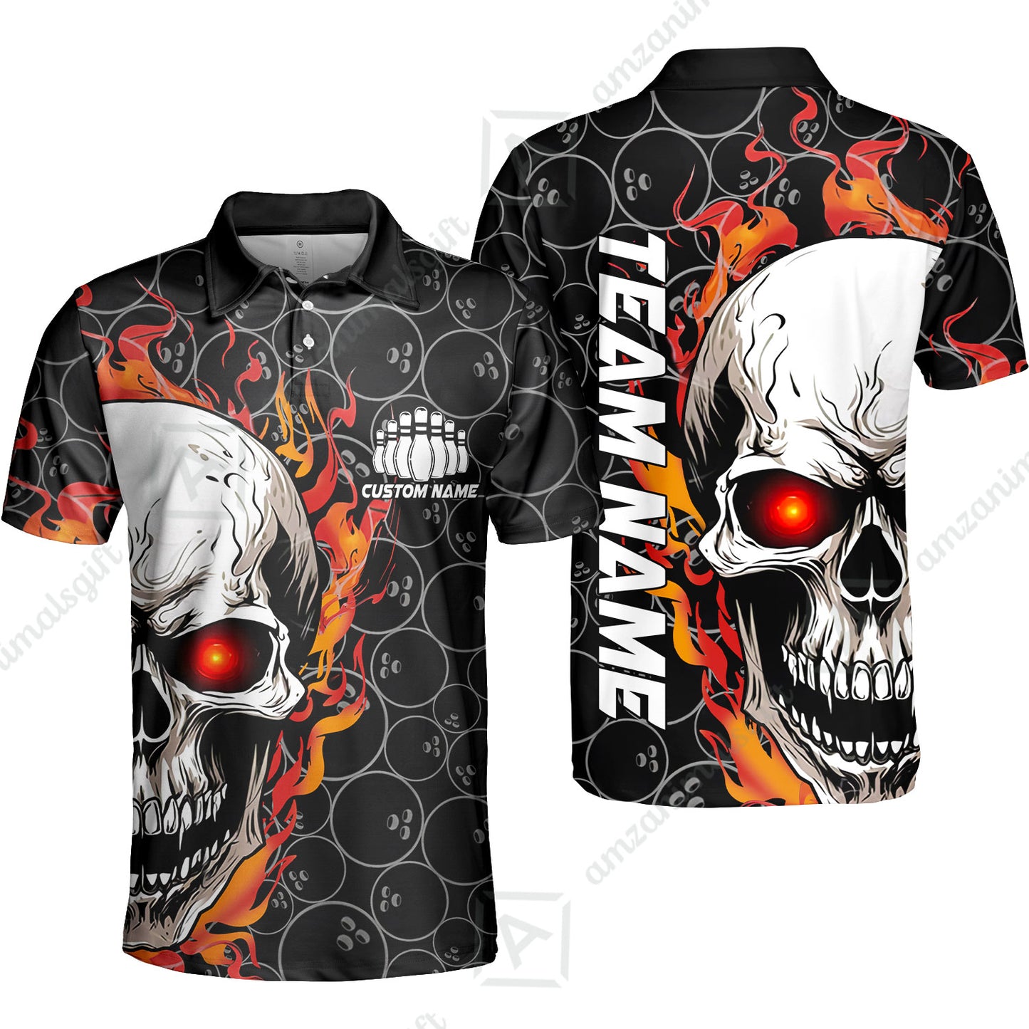 Personalized Bowling Unisex Polo Shirt, Green Flaming Skull Shirt For For Team Men Women Bowlers
