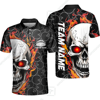 Personalized Bowling Unisex Polo Shirt, Green Flaming Skull Shirt For For Team Men Women Bowlers