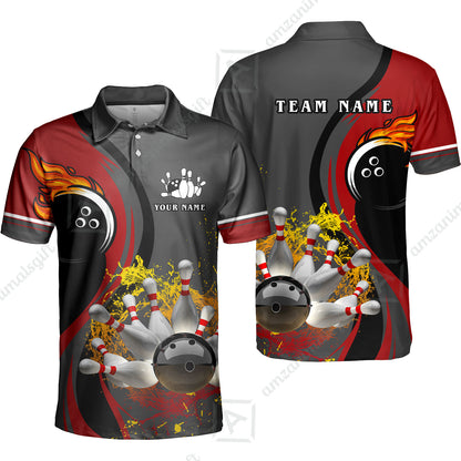 Customized Bowling Unisex Polo Shirt, Bowling And Pins Water Flow Multicolor Option Customized Name And Team Name For Bowling Team Polo Jerseys Shirts