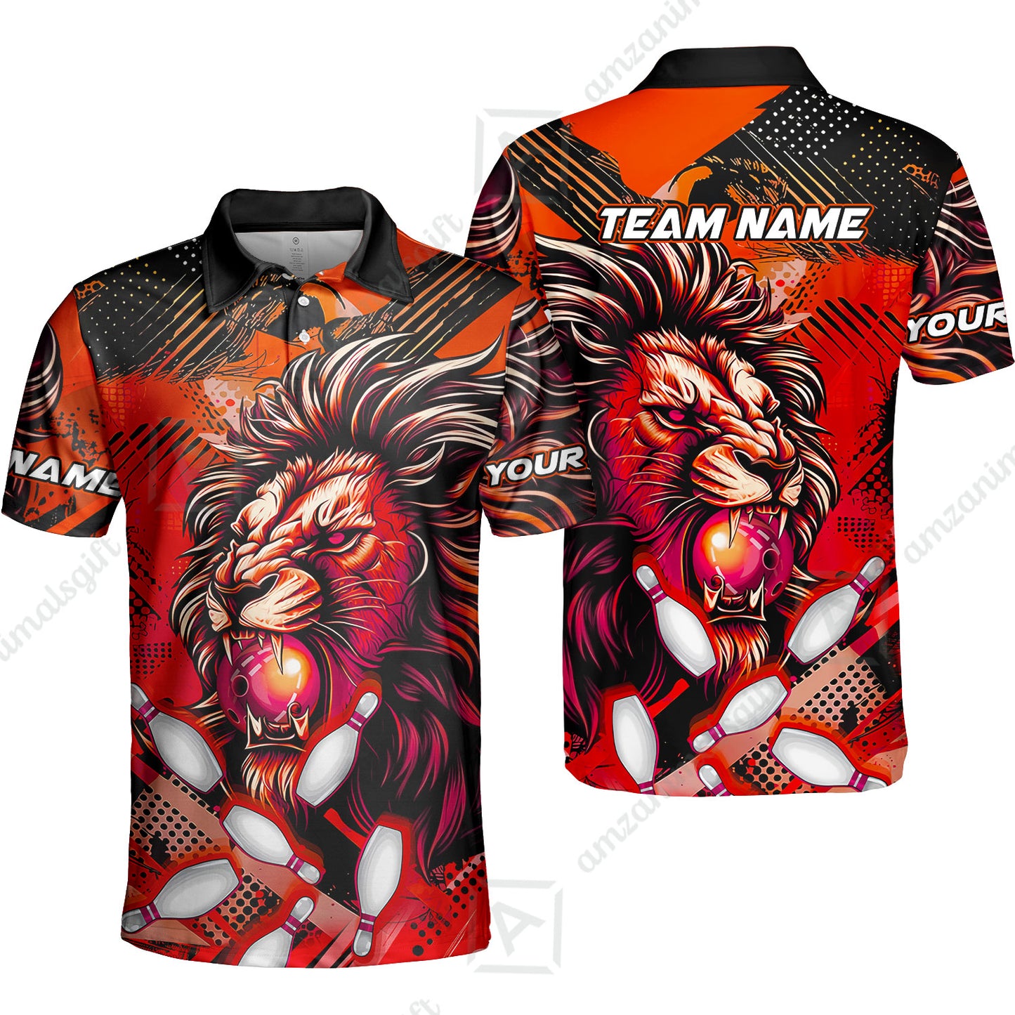 Custom Bowling Team Jerseys Shirts, Bowling uniforms Ball & Pins Lion Pattern Personalized Name And Team Name