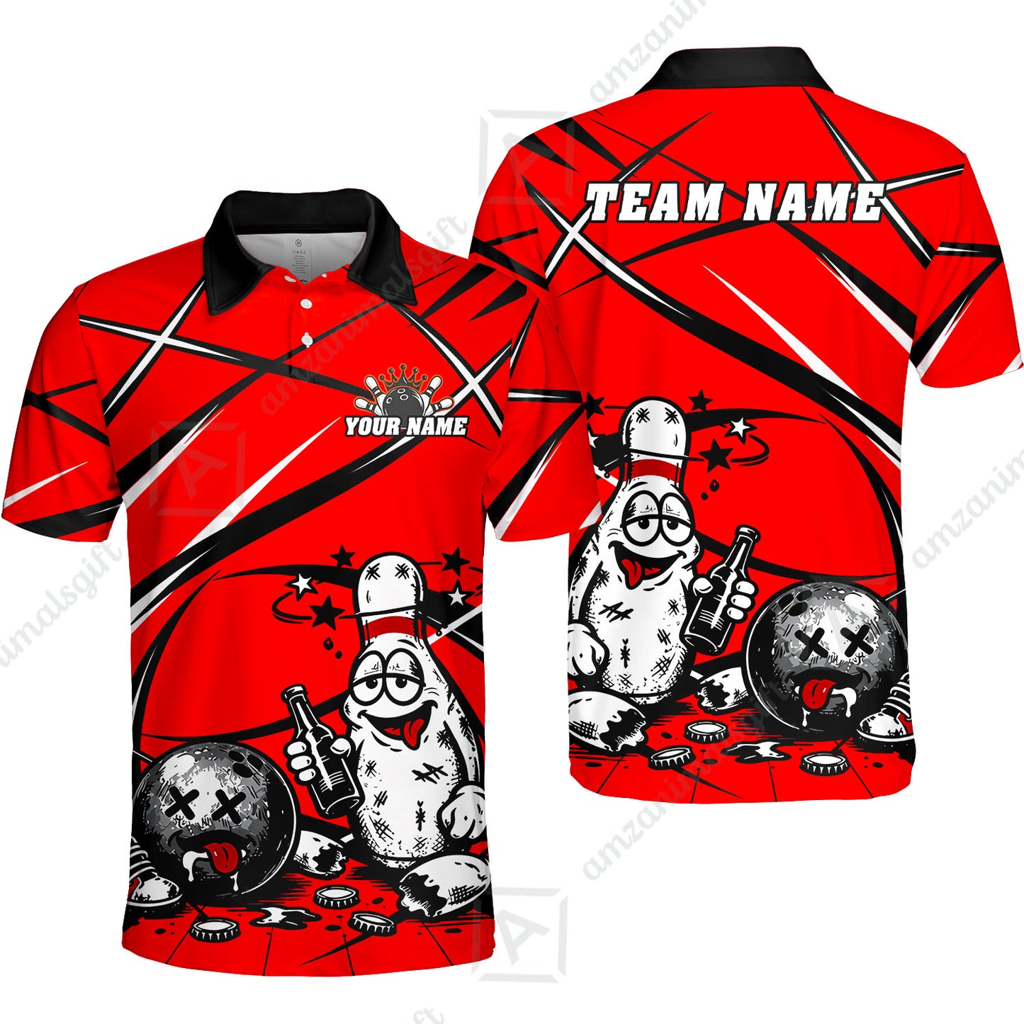 Custom Bowling Jersey Polo Shirt, Drunk Bowling Pin And Ball, Custom Bowling Jersey Team Shirt For Players With Name & Team Name