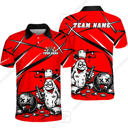 Custom Bowling Jersey Polo Shirt, Drunk Bowling Pin And Ball, Custom Bowling Jersey Team Shirt For Players With Name & Team Name