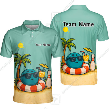 Custom Bowling Polo Shirt, Cute Cartoon Bowling Beach Custom Bowling Polo Team Shirt For Players With Name & Team Name