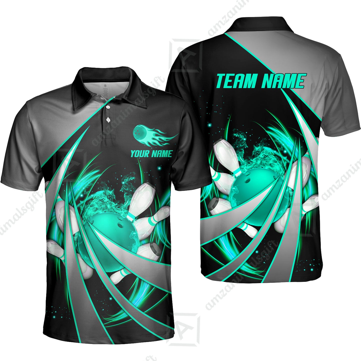 Customized Bowling Unisex Polo, Flame Bowling And Pins Tornado Pattern Multicolor Option Customized Name Zipper Polo Jerseys Shirts