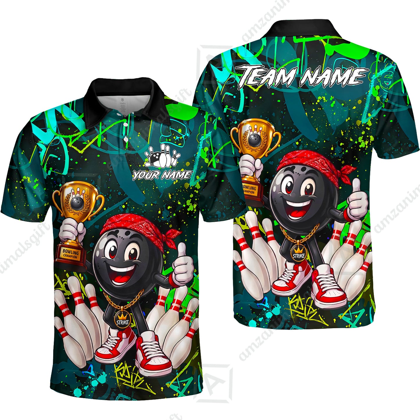 Custom Bowling Jersey Polo Shirt, Graffiti Champion, Custom Bowling Jersey Team Shirt For Players With Name & Team Name