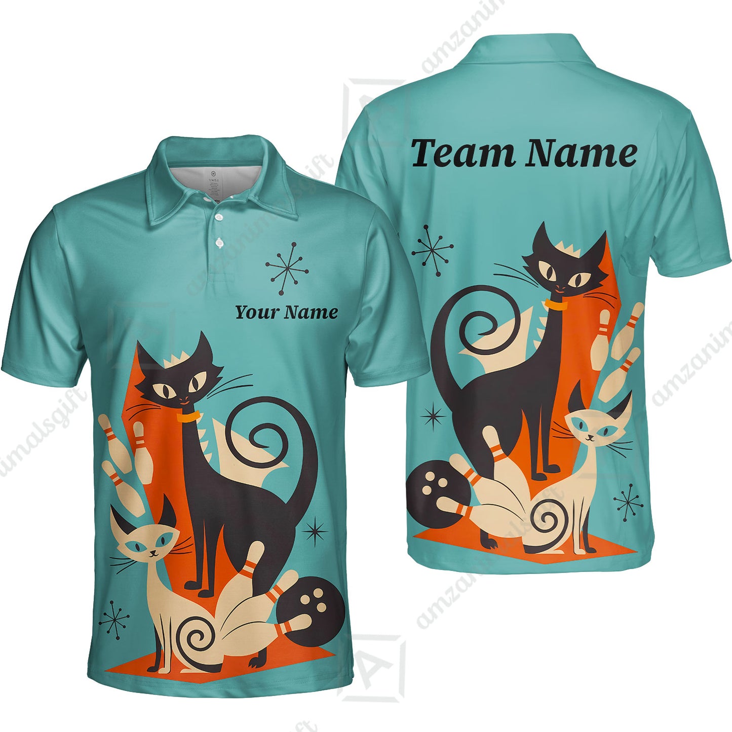 Custom Bowling Jersey Polo Shirt, Retro Cats, Custom Bowling Jersey Team Shirt For Players With Name & Team Name