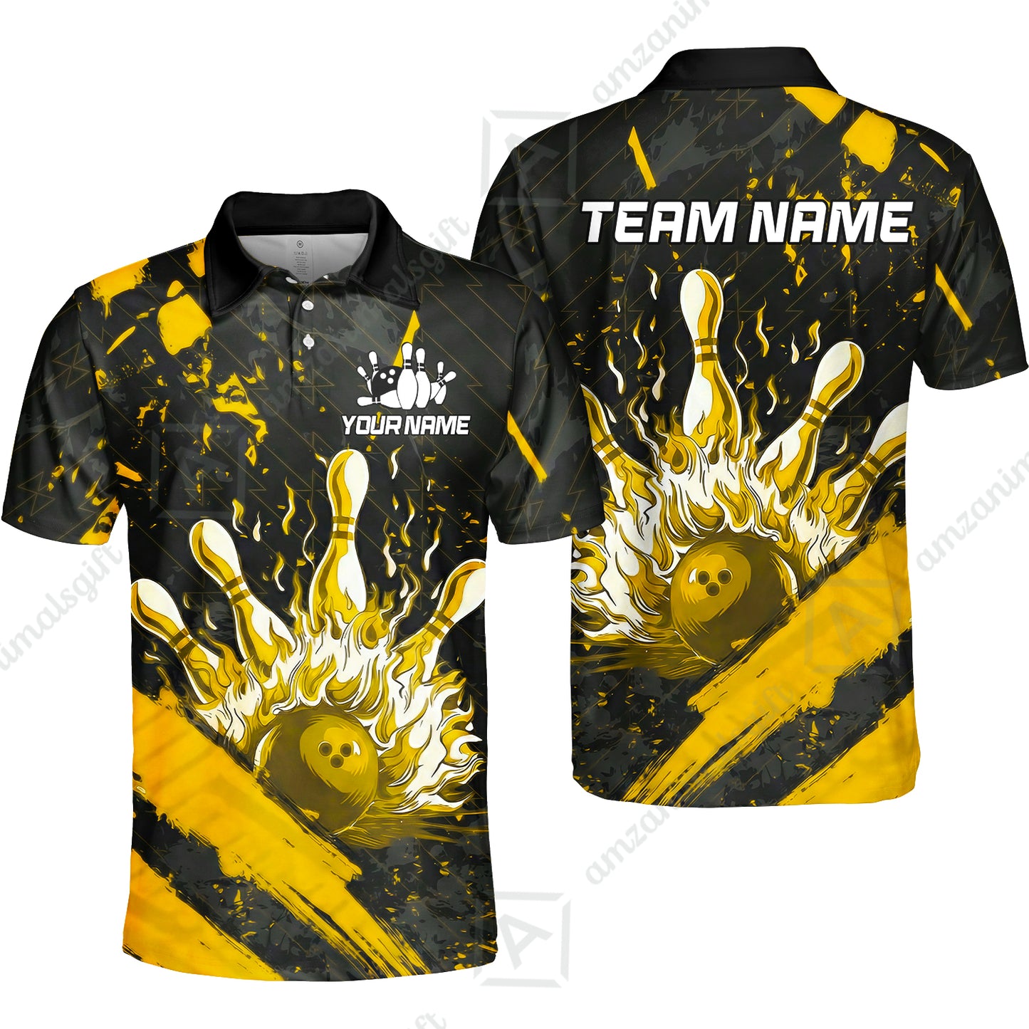 Customized Bowling Unisex Polo Shirt, Bowling And Pins Grunge Flame, Bowling Uniform - Personalized Name And Team Name