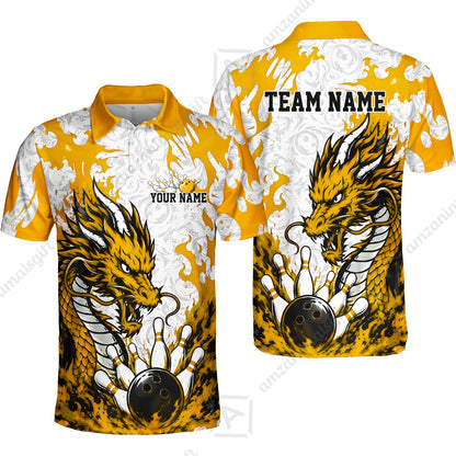 Custom Bowling Jersey Polo Shirt, Fierce Crimson Fire Dragon Strike, Custom Bowling Jersey Team Shirt For Players With Name and Team Name