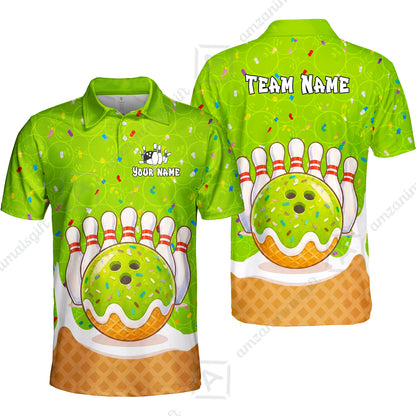 Custom Bowling Jersey Polo Shirt, Bowling Sprinkles Ice Cream Cone, Personalized Name & Team Name