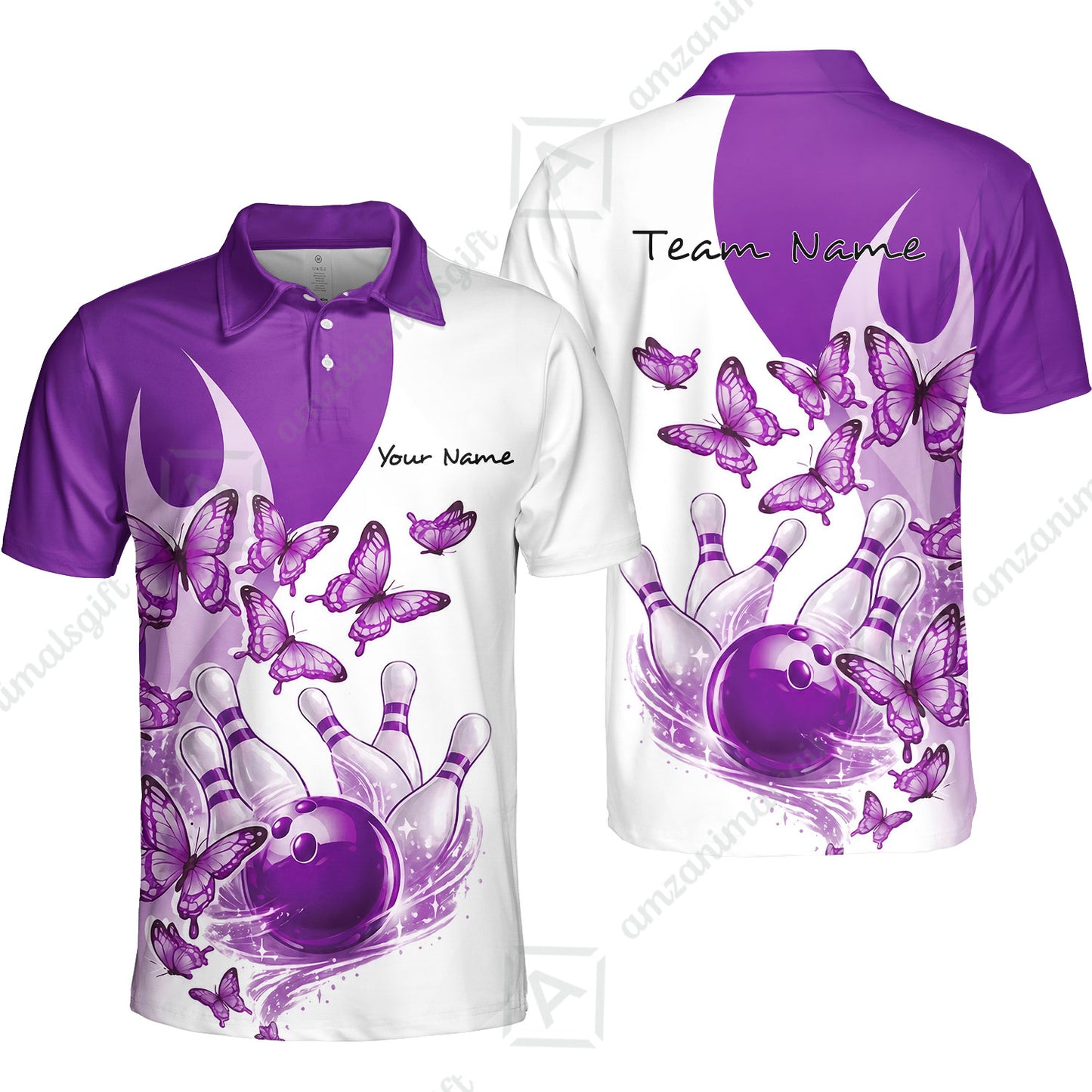 Custom Bowling Jersey Polo Shirt, Butterfly Strike, Personalized Name & Team Name
