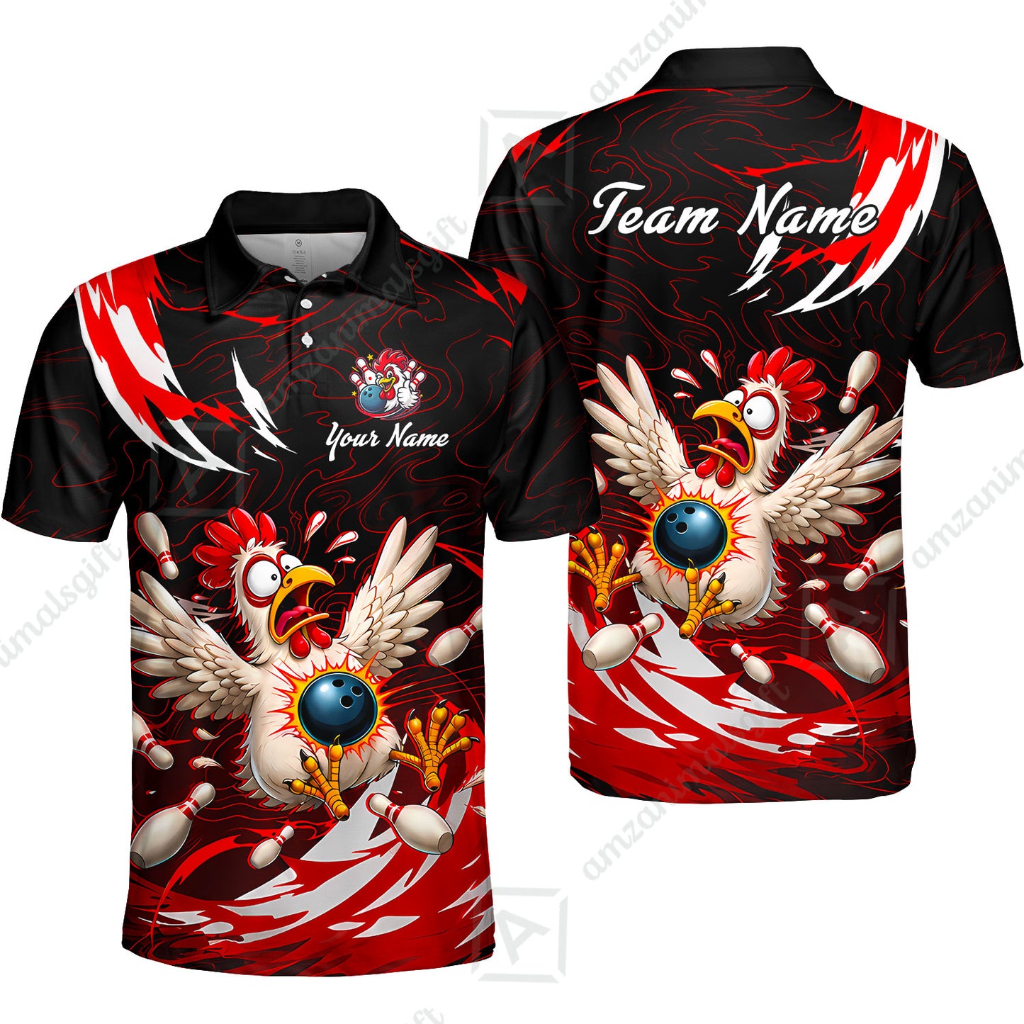 Customized Bowling Shirt, Crazy Chicken, Personalized Polo Shirt For Players With Name & Team Name