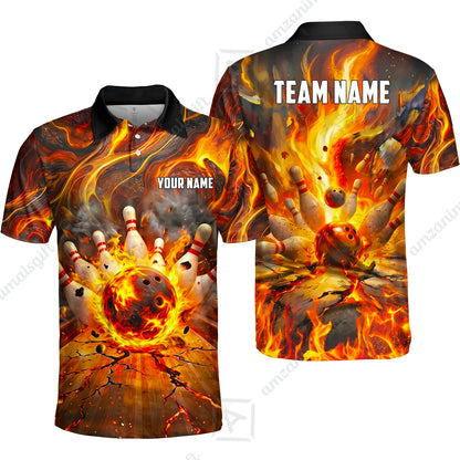 Custom Bowling Jersey Polo Shirt, Fiery Inferno Strike, Custom Bowling Jersey Team Shirt For Players With Name and Team Name