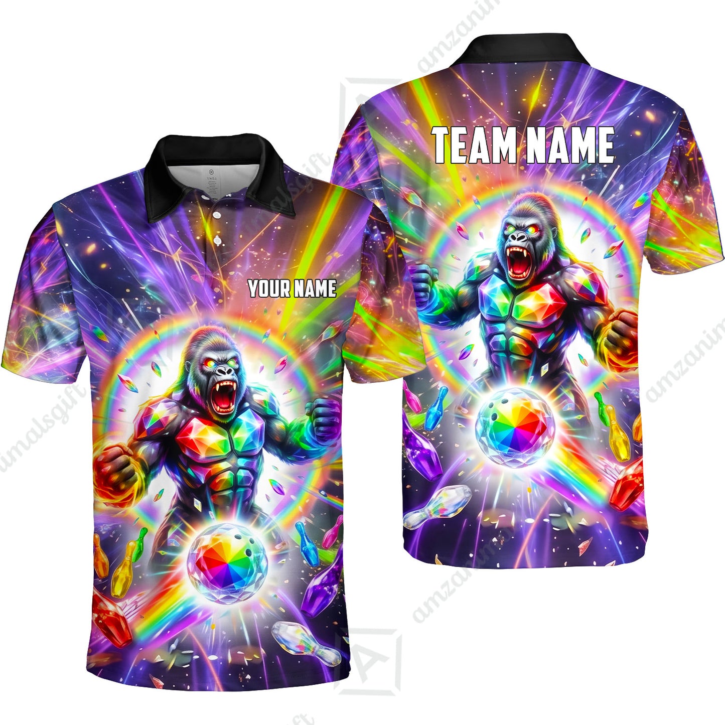 Custom Bowling Jersey Polo Shirt, Rainbow Gemstone Gorilla, Custom Bowling Jersey Team Shirt For Players With Name and Team Name